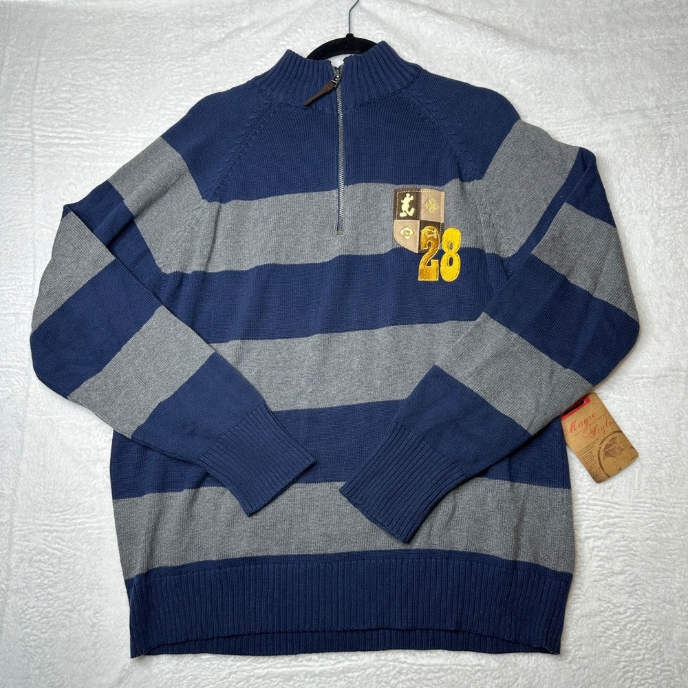 Disney Store Sweater Mens M Blue Grey Striped Mickey 28 Quarter Zip